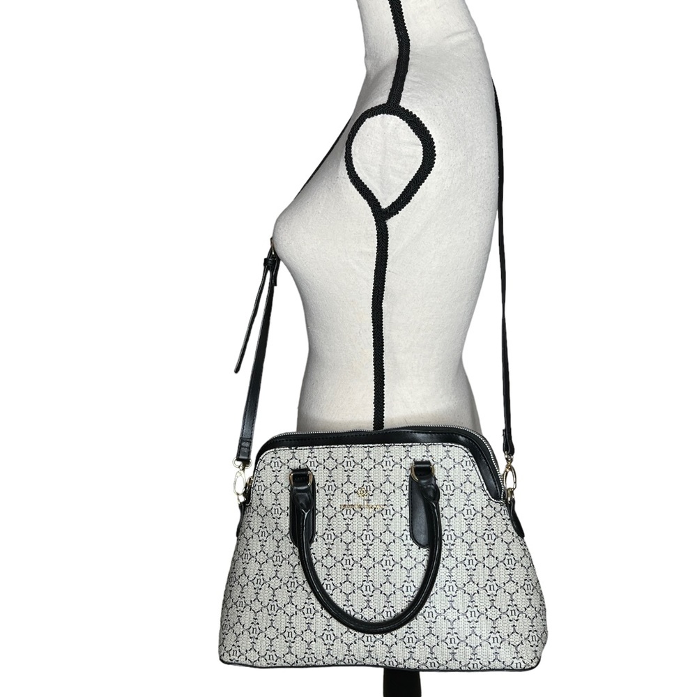 Nanette Lepore Gray Black Logo Print Zip Top Dome Satchel Crossbody Bag - Picture 12 of 13